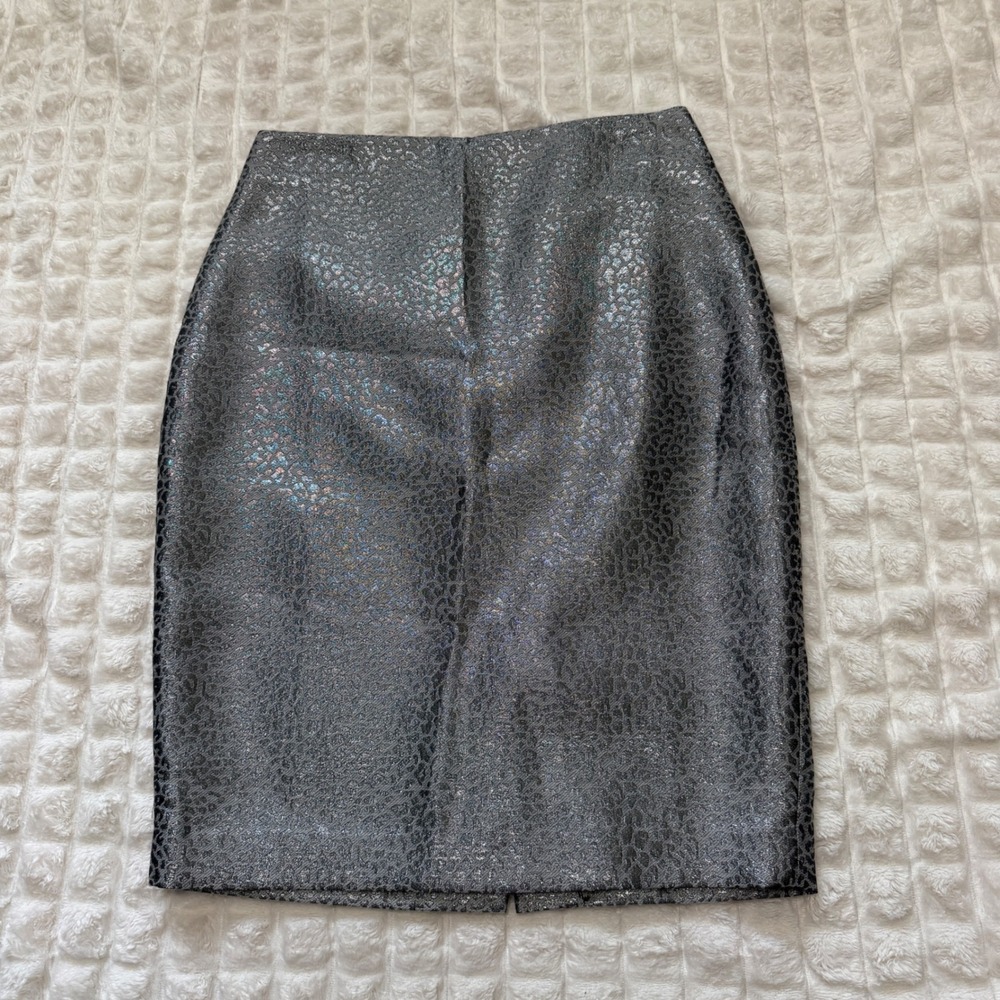 NEW Ann Taylor 2 Silver Animal Print Metallic Pencil Straight Mini Skirt